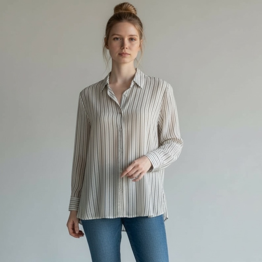 Laurel luxurious 100% silk Striped Button-Up Blouse